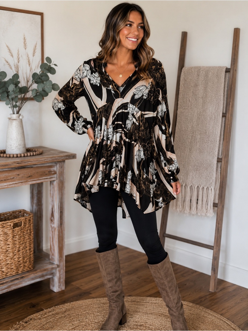 Free People Black & Beige Floral Flowing V-Neck Tunic